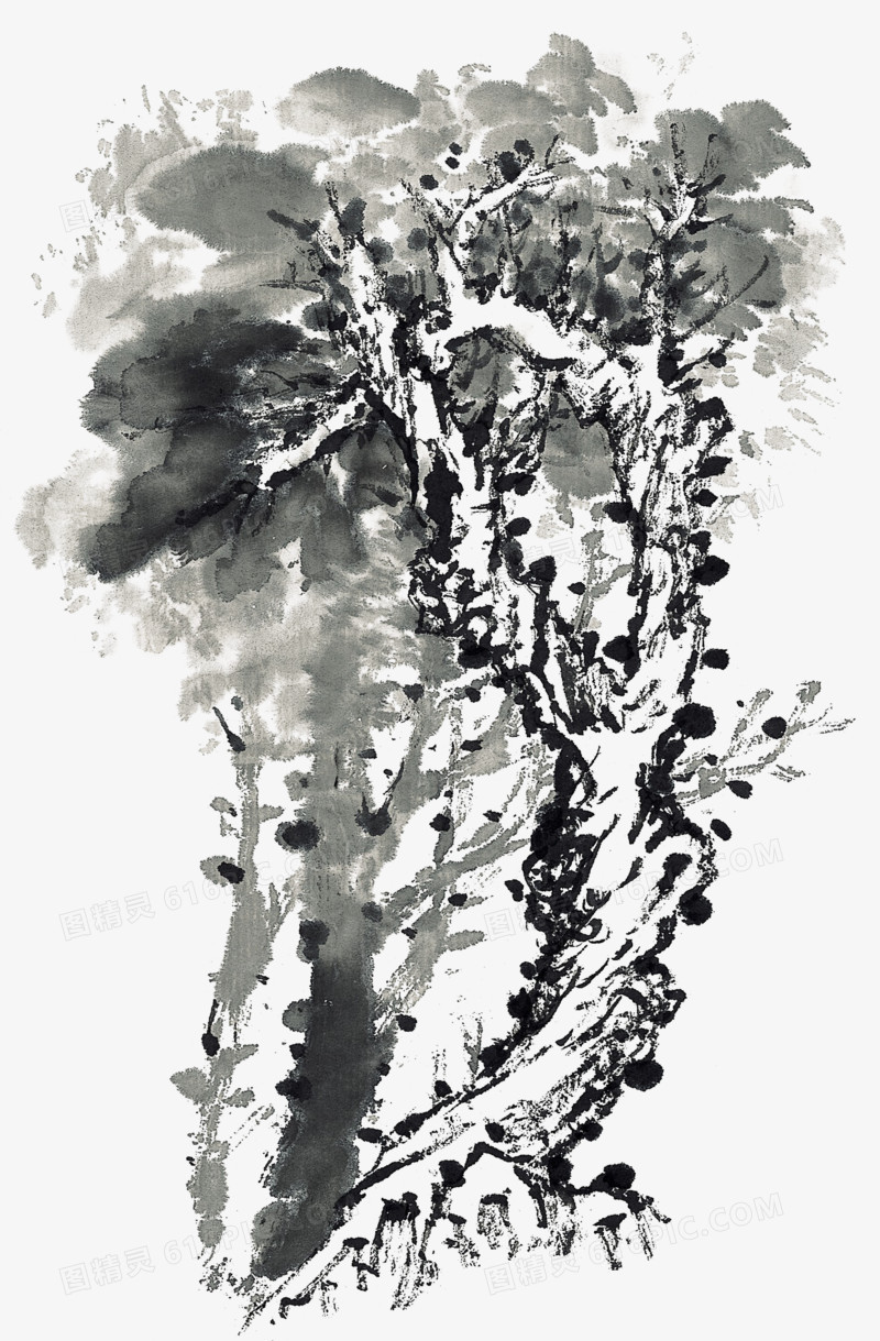 手绘中国风古树水墨画
