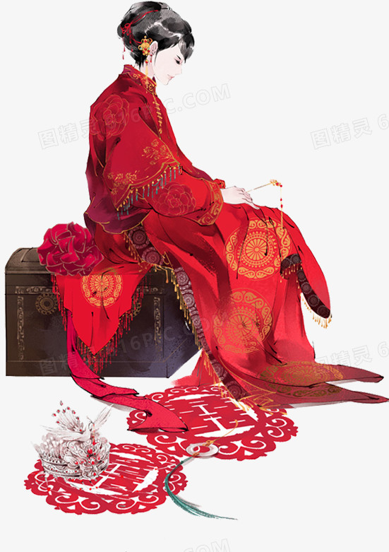 红衣新娘侧面古风手绘