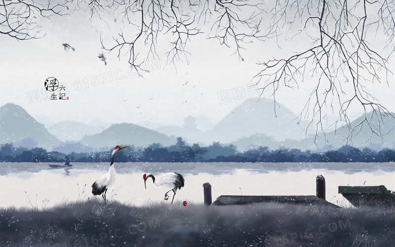 冬日湖边的丹顶鹤海报背景