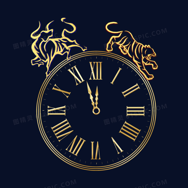 虎年金色时钟跨年新年装饰元素