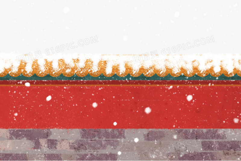 手绘插画风落雪的宫墙屋檐素材