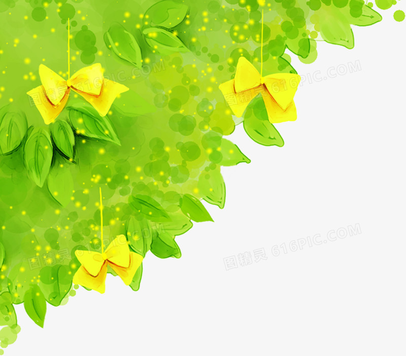 黄色卡通蝴蝶结绿色梦幻树叶