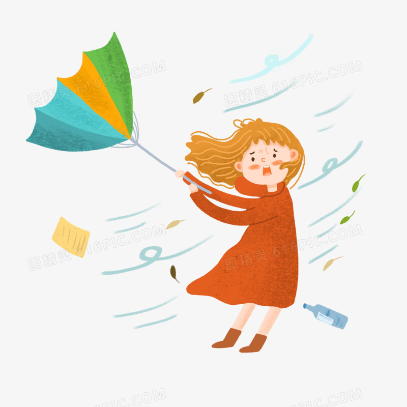 卡通手绘女孩的伞被风吹起来素材