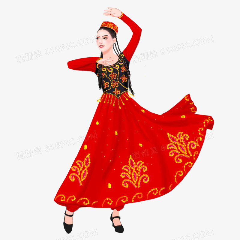 手绘插画风新疆女子跳舞素材