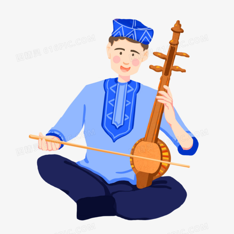 手绘卡通新疆人弹琴元素