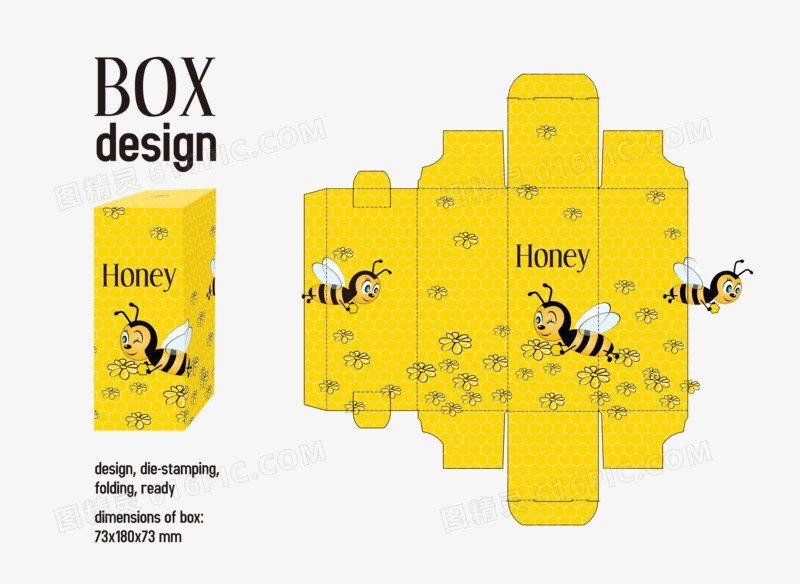 黄色蜜蜂图案包装盒设计矢量