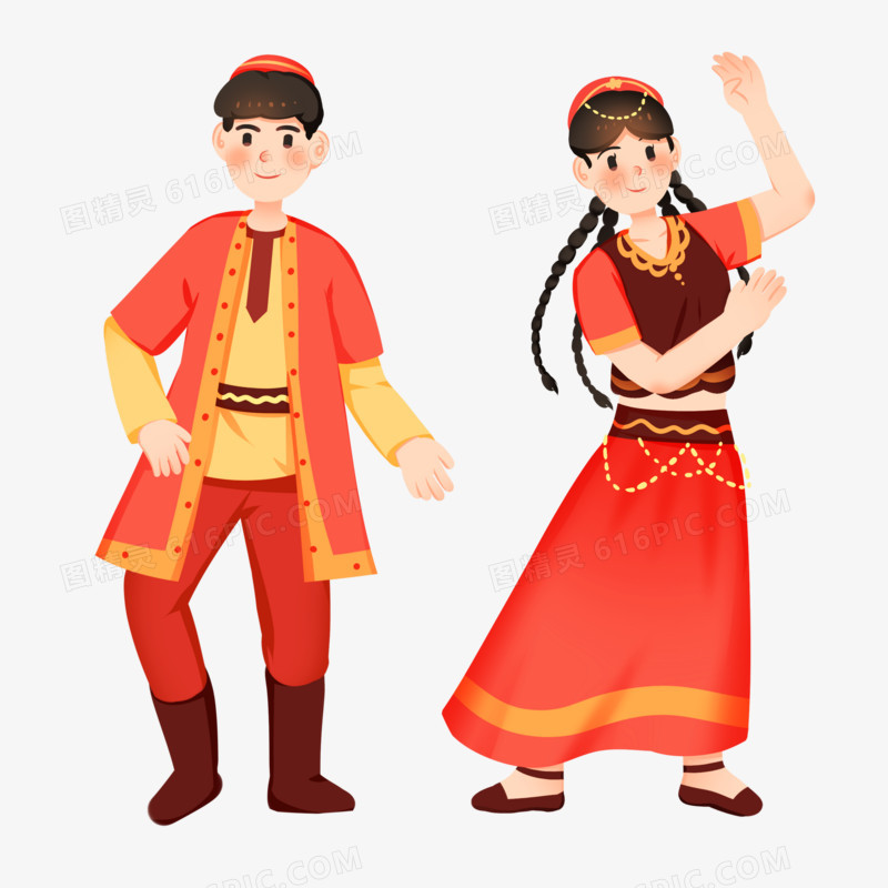 手绘卡通跳舞的新疆男女免抠素材