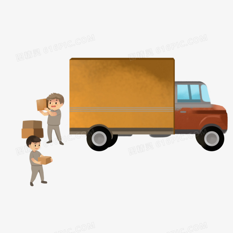手绘卡通卡车卸货搬运场景素材