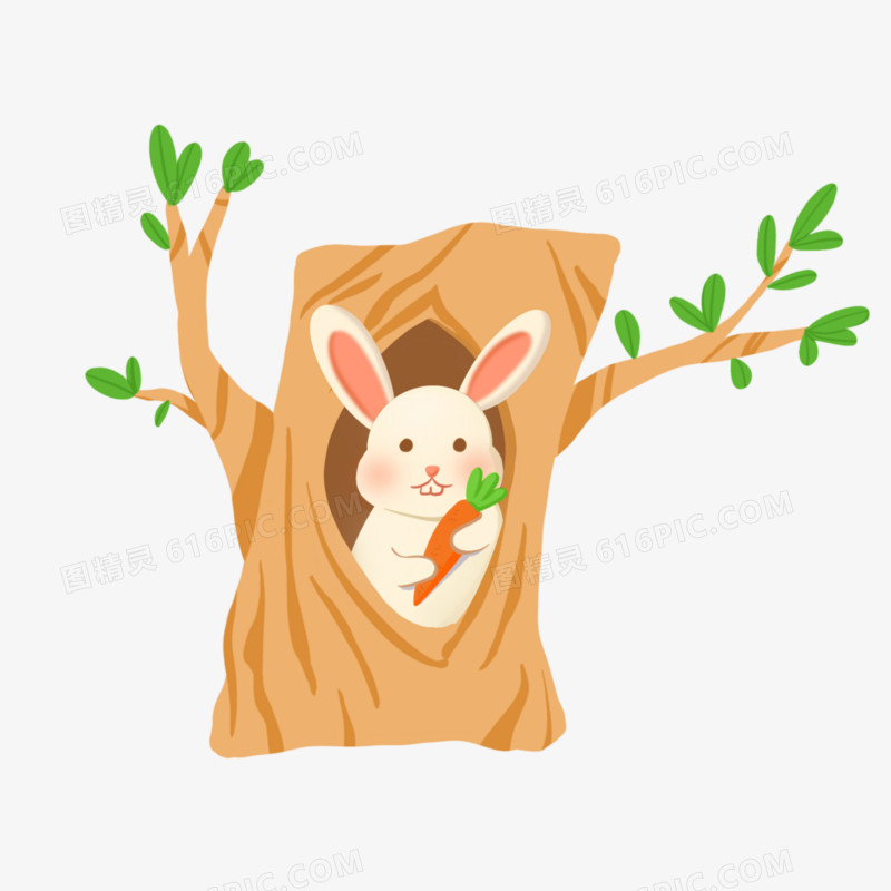 卡通手绘小动物的树洞素材