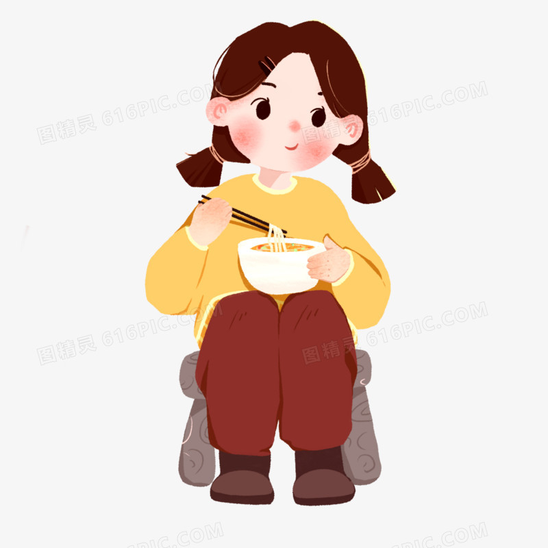 卡通手绘吃面女孩素材