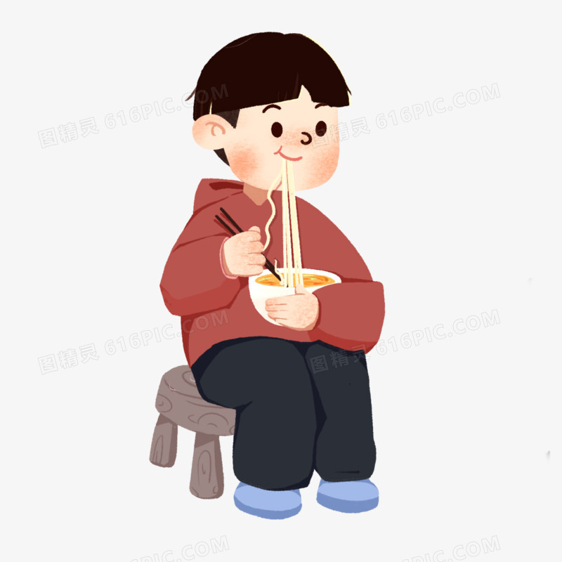 卡通手绘吃面男孩素材