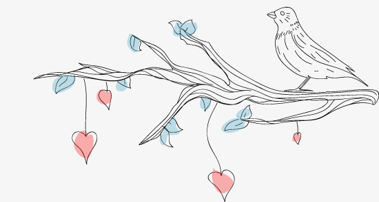 手绘线描家纺装饰树枝小鸟元素