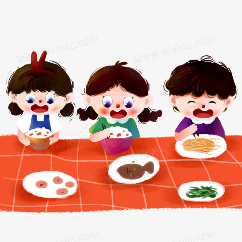 卡通手绘幼儿园小朋友吃饭素材