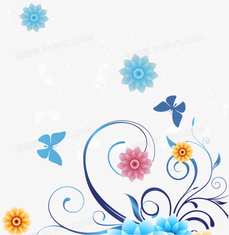 蓝色优雅花朵蝴蝶