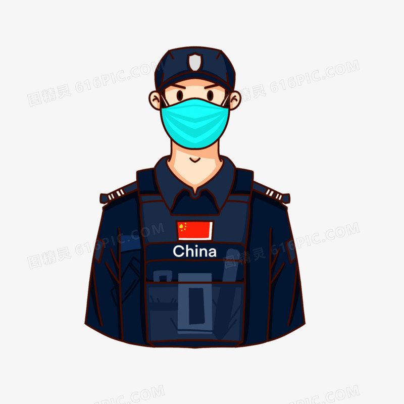 卡通手绘戴口罩的中国警察素材