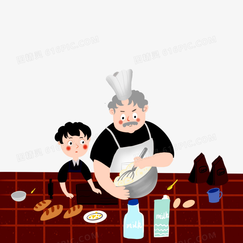 卡通手绘爷爷教孩子做蛋糕烘焙元素