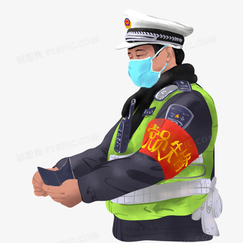 手绘敬业的抗疫工作的警察元素