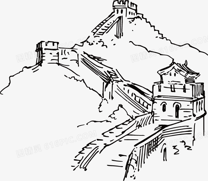 手绘中国长城线稿
