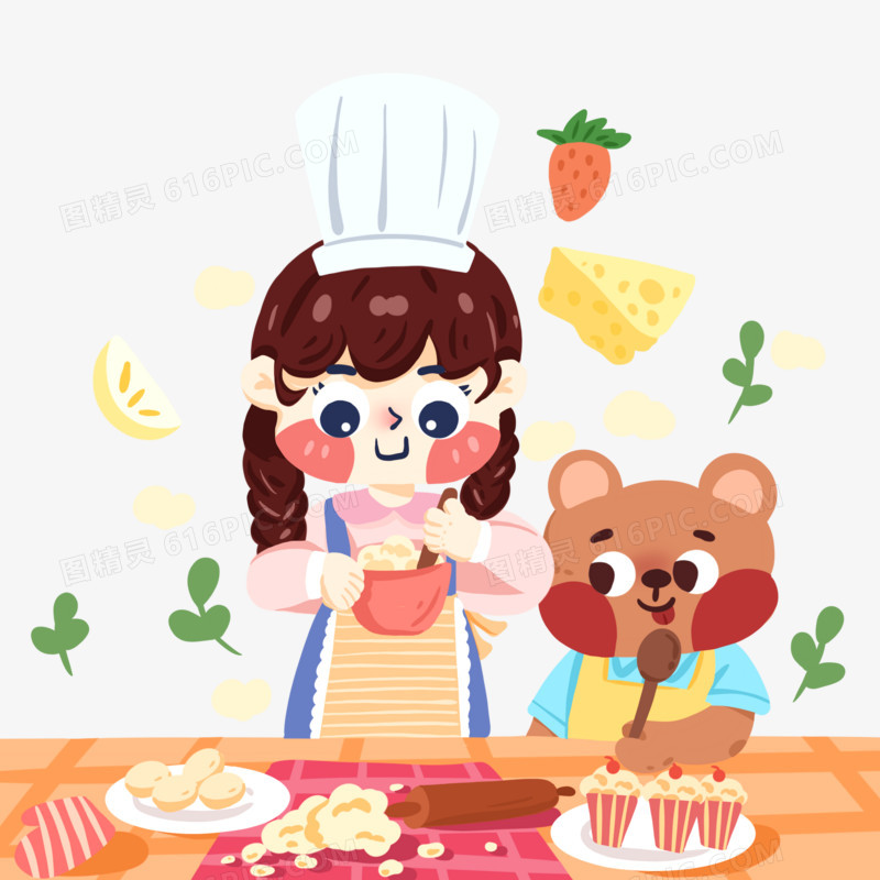 卡通手绘小女孩和小熊一起烘焙素材