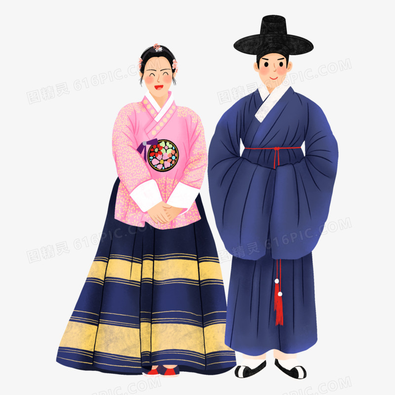 手绘插画风穿韩国服饰的男女元素