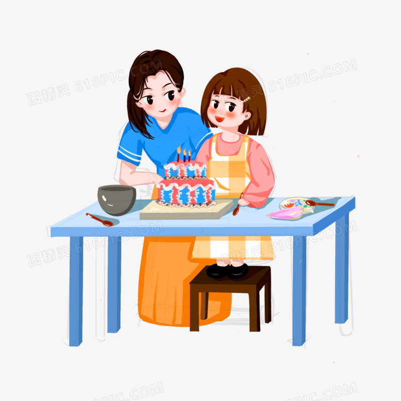 卡通手绘妈妈教小女孩做蛋糕素材
