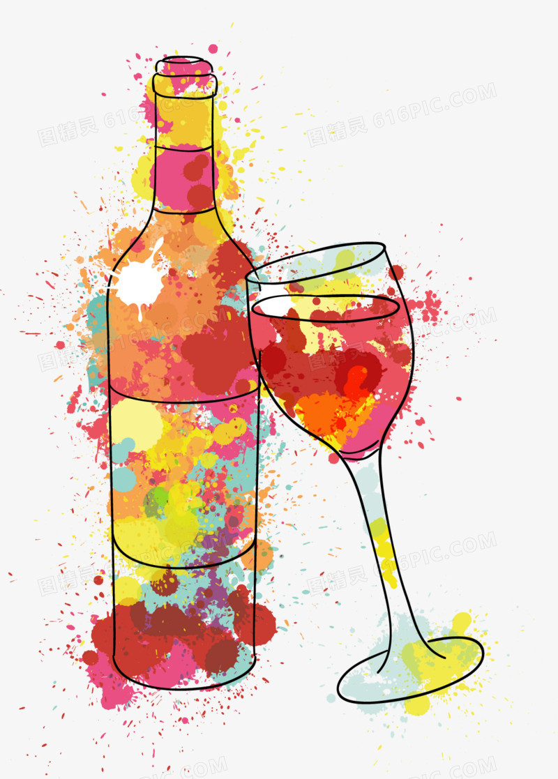矢量手绘彩色渲染红酒杯和红酒