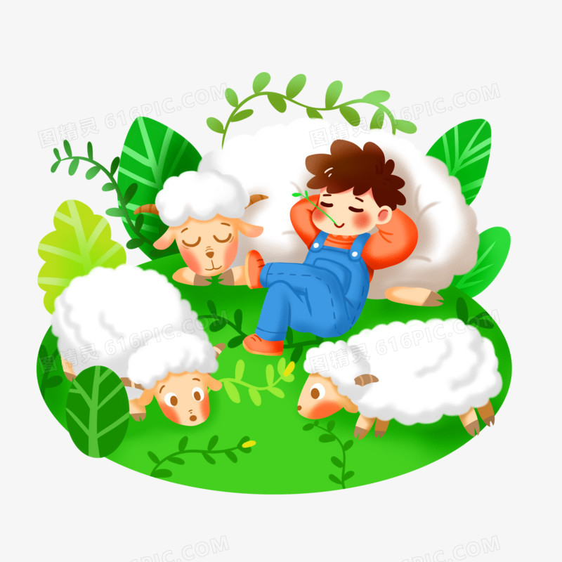 手绘卡通放羊的孩子素材