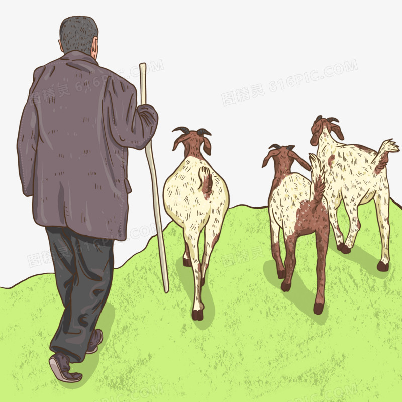 手绘卡通放羊人牧羊元素