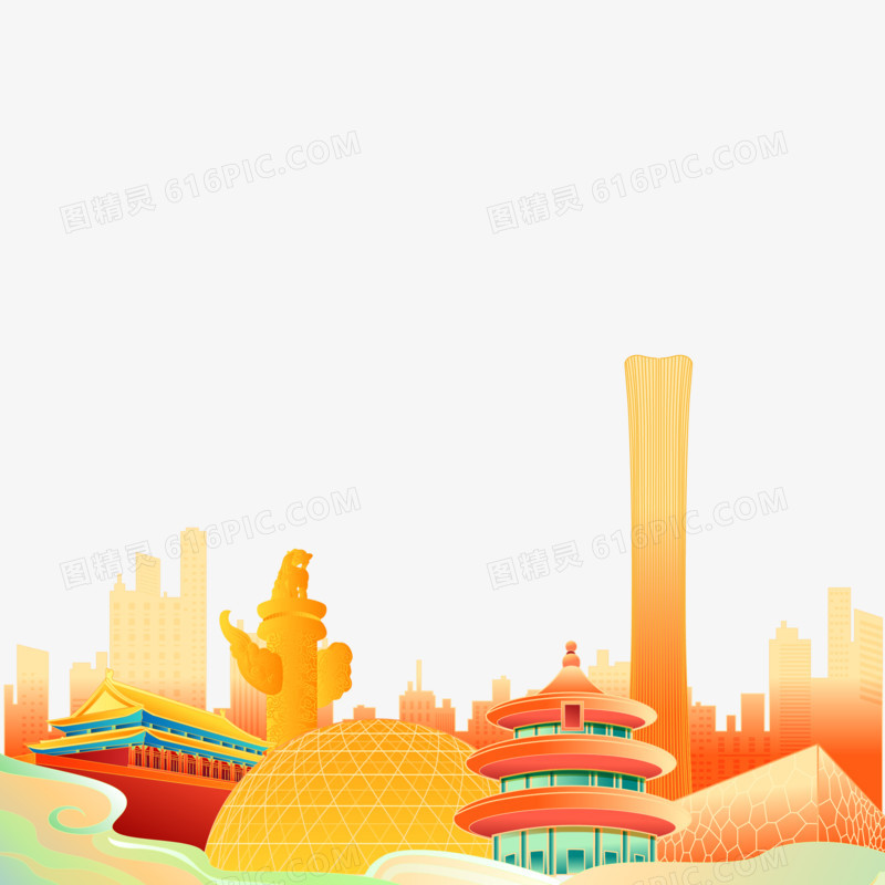 手绘国潮风北京地标国潮建筑素材