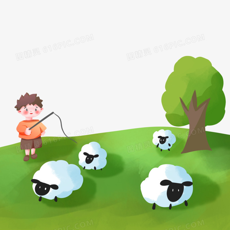 卡通手绘牧羊的小孩素材