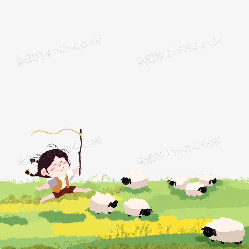 卡通手绘小女孩放羊群元素