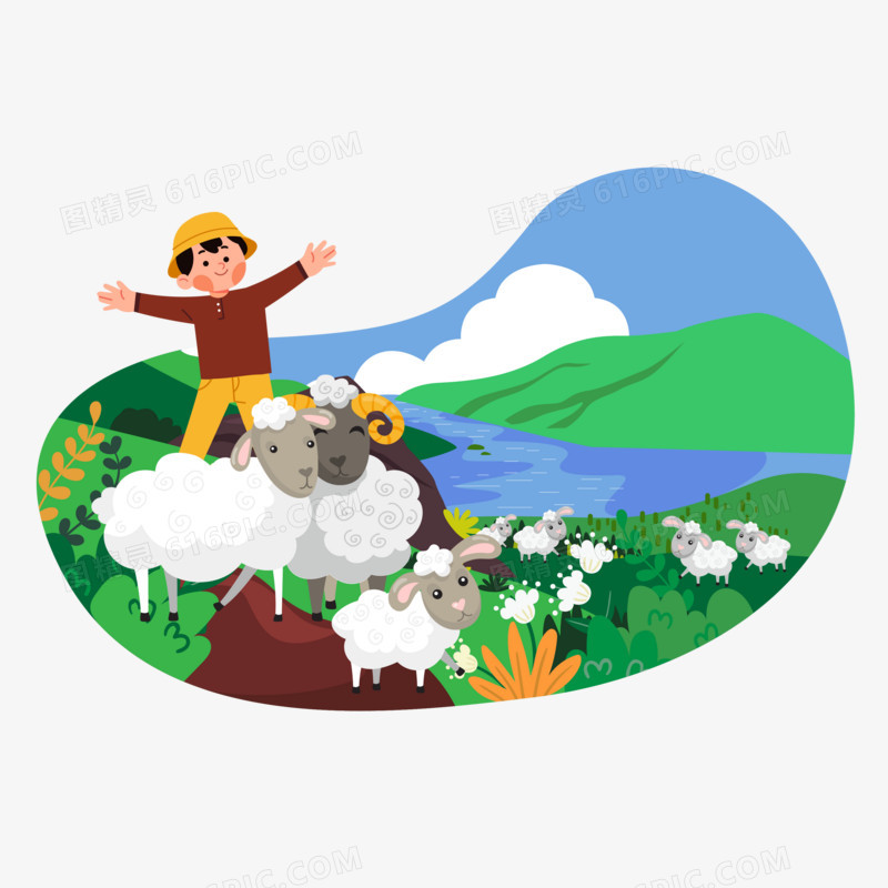 手绘卡通牧羊儿童素材