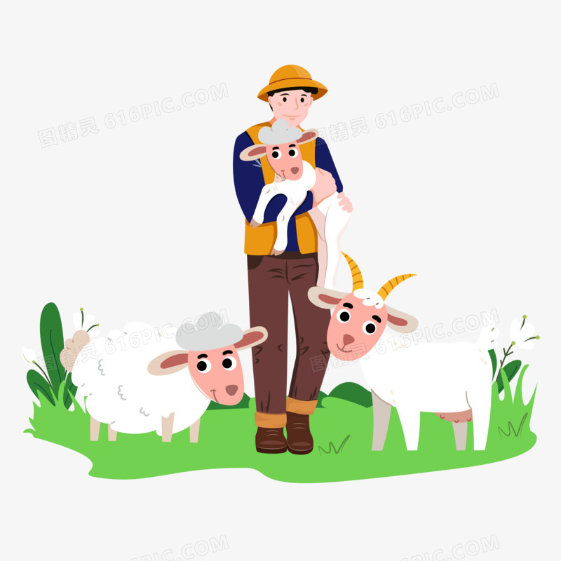 手绘卡通牧羊人抱着小羊素材
