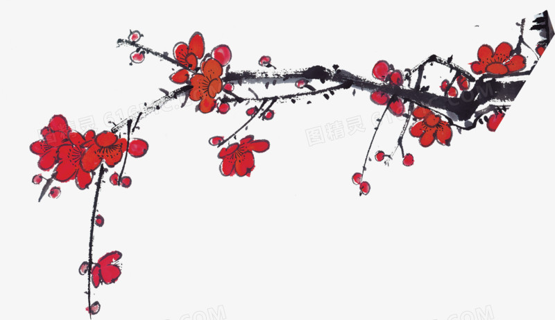 红色手绘水墨梅花树枝