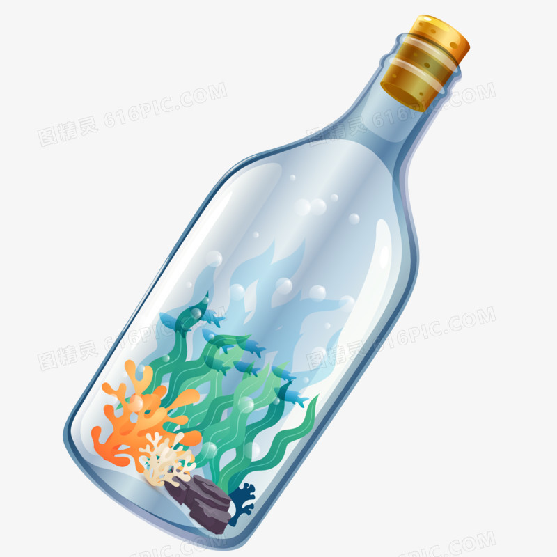 手绘海底世界漂流瓶免抠素材
