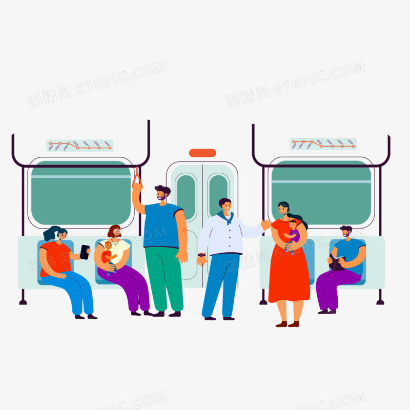 手绘公交地铁给抱小孩的乘客让座素材