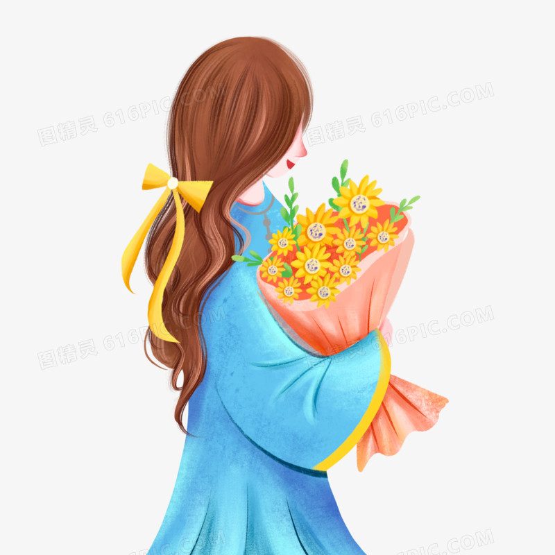 手绘怀抱鲜花的女孩元素