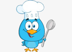 卡通手绘拿厨具的蓝色小鸟
