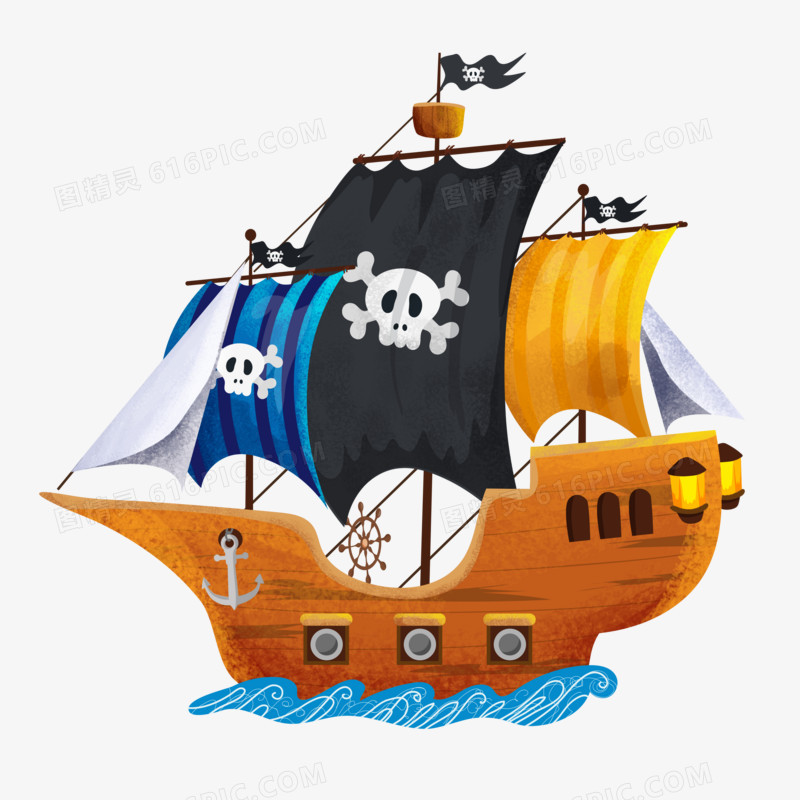 卡通手绘免抠海盗船素材