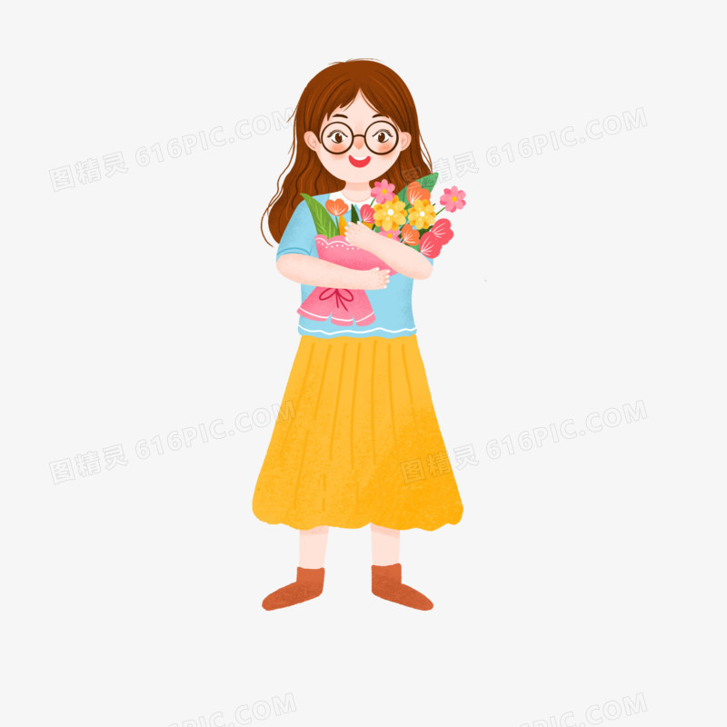 卡通手绘拿着鲜花的女孩素材