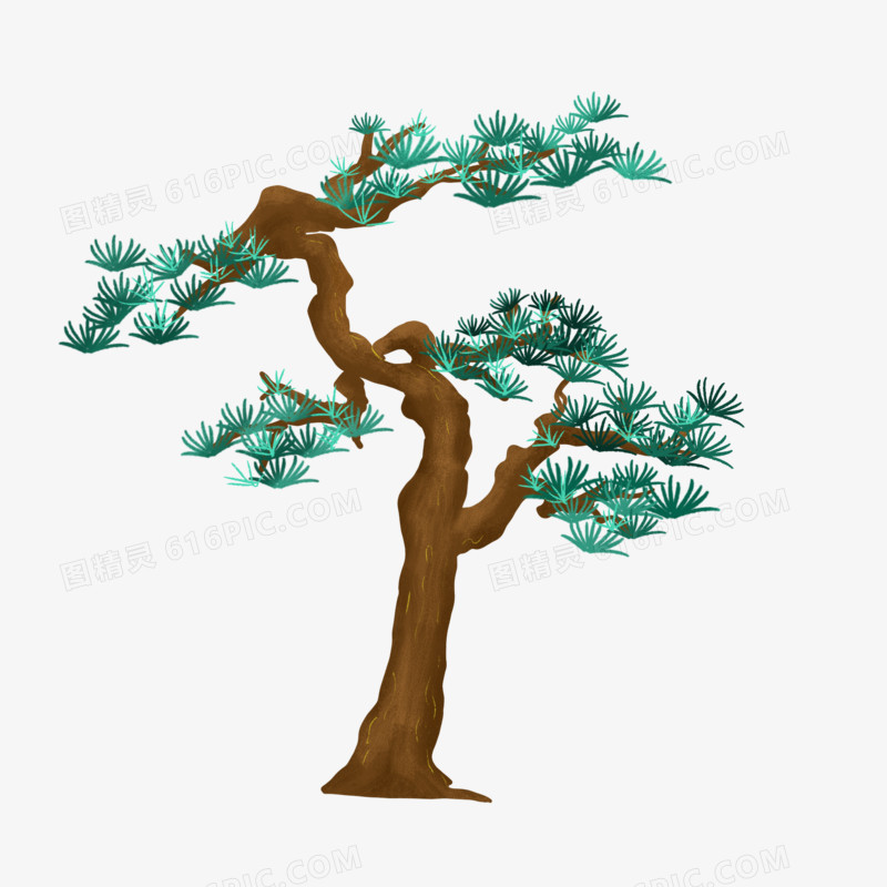 手绘国潮植物松树元素