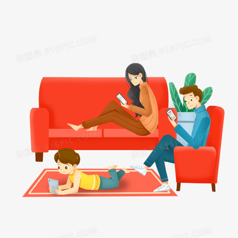 手绘卡通一家人在家各玩各的手机素材