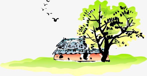 卡通人物房屋建筑彩色墨迹背景