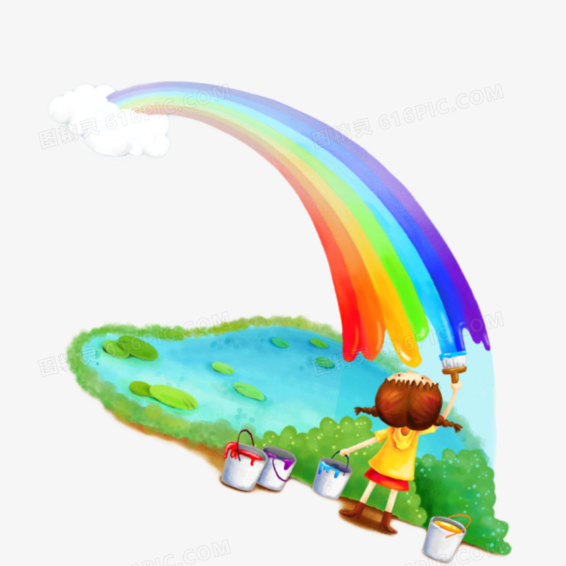 卡通小女孩画出彩虹免扣素材