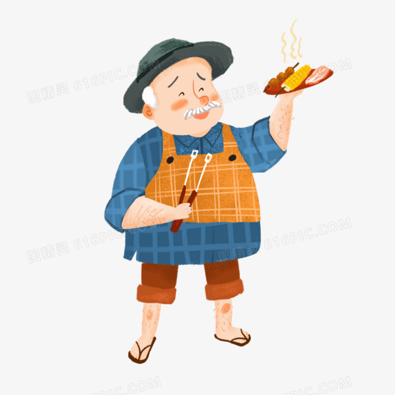 卡通手绘免抠老爷爷拿着烧烤元素