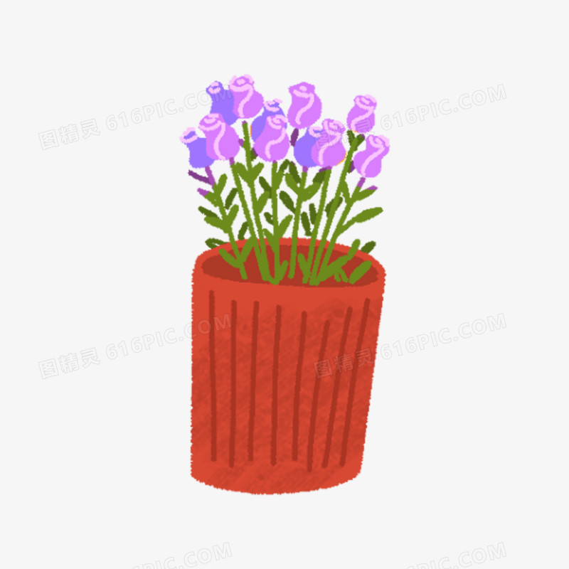 卡通手绘免抠紫色花盆栽元素