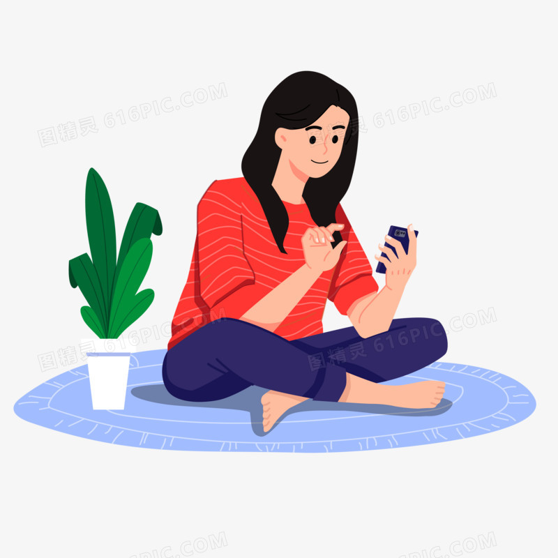 手绘卡通女孩坐着玩手机素材