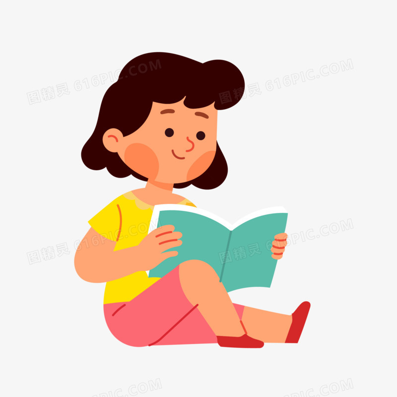 手绘卡通坐着看书的女孩免抠素材