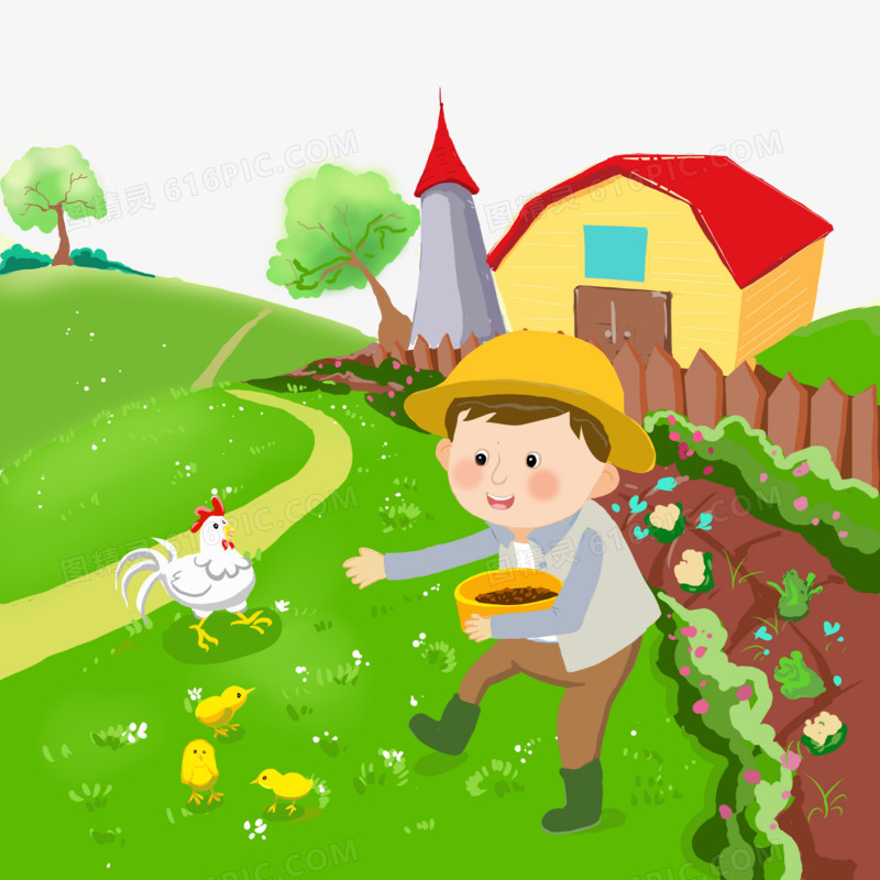 卡通手绘小男孩在农场里喂小鸡元素