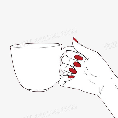 红指甲的手拿着咖啡杯
